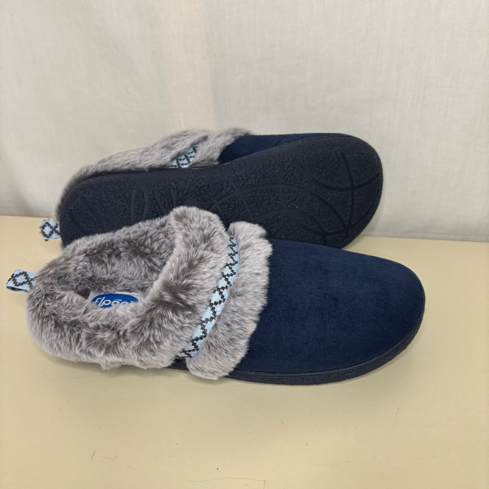 Navy Blue Slippers Hard Sole with Faux Fur Trim/Lining, Floopi Brand, Size Large